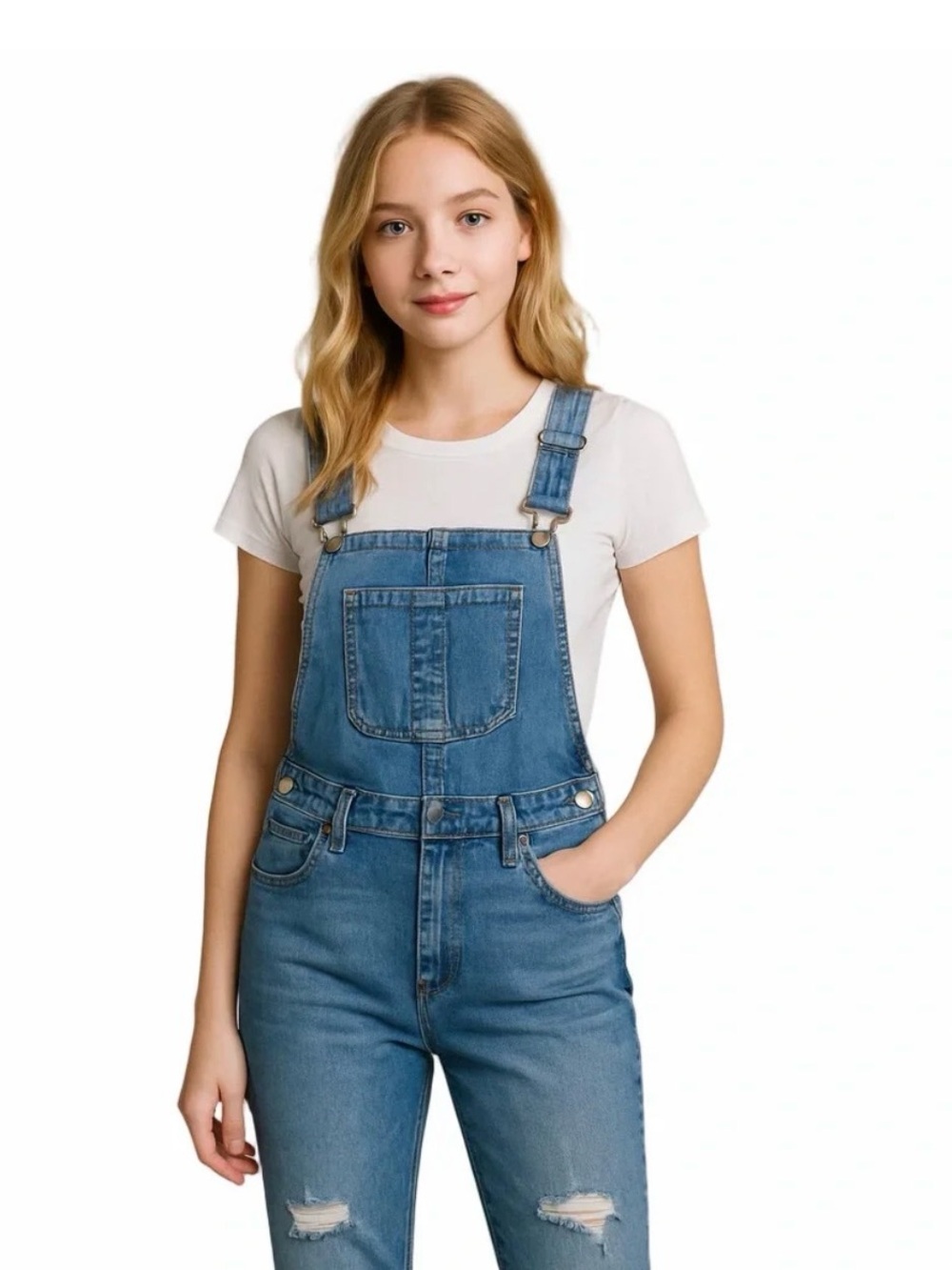 American Bazi Blue Denim Distressed Carpenter Bib Overalls Medium